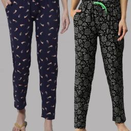 Kryptic Black & Navy Printed Pure Cotton Elasticated Waist Band Regular Fit Pyjamas - Pack of 2-image-84