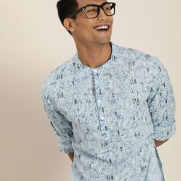 Taavi Men Blue & Black Indigo Printed Susutainable Straight Kurta With Roll Up Sleeves-picture-24