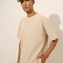 Studiofit by Westside Beige Self-Textured Relaxed-Fit T-Shirt-image-4