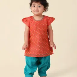 Fabindia Kids Orange & Blue Printed Kurta with Salwar-picture-34