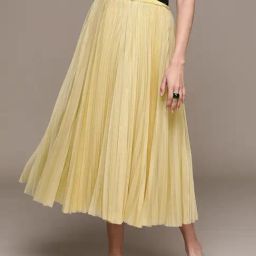 Label Ritu Kumar Yellow Solid Knitted Pleated Skirt-image-25