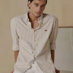 ANDAMEN Beige Slim Fit Striped Cotton Shirt-image-73