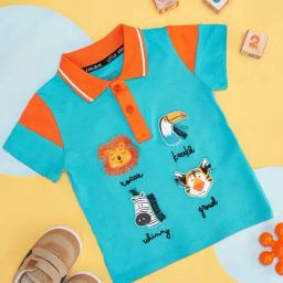 Pantaloons Baby Blue & Orange Cotton Embroidered Polo T-Shirt-image-19