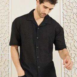 Styli Black Cotton Regular Fit Self Pattern Shirt-image-48