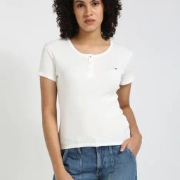 Tommy Hilfiger White Cotton Slim Fit Henley T-Shirt-image-37