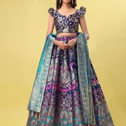 PURVAJA Navy Floral Print Stitched Lehenga & Unstitched Blouse With Dupatta-picture-32