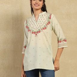 House Of Chikankari Green Cotton Blend Printed Short Kurti-picture-33