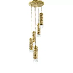 Fos Lighting Hand Carved Brass & Crystal Mini Cylinder Set of 5 Hanging Light -CylinderCarving-S-HL5-2