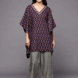 Libas Navy & Grey Cotton Printed Kaftan and Pyjamas Set-picture-17