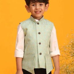 VASTRAMAY Boys Green Self Indowestern-picture-22