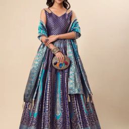PURVAJA Navy Printed Stitched Lehenga & Unstitched Blouse With Dupatta-picture-3