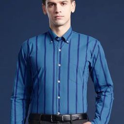 Hancock Blue Cotton Slim Fit Stripes Shirts-image-60
