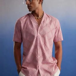 Vastramay Pink Cotton Regular Fit Embroidered Shirt-image-10