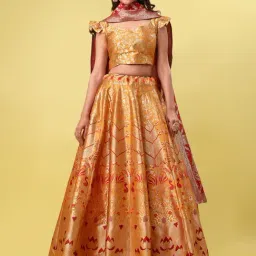 PURVAJA Yellow Floral Print Stitched Lehenga & Unstitched Blouse With Dupatta-image-50