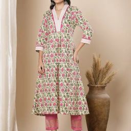Fashor Cream Pure Cotton Floral Kurta-image-1