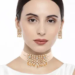 Peora Gold-Plated Kundan Studded Choker Pearl Necklace with Earring Ethnic Jewellery Set-image-26