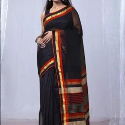 Unnati Silks Black Cotton Silk Maheshwari Saree with Unstitched Blouse-image-20