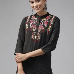 Yufta Black Floral Embroidered Mandarin Collar Top-picture-19