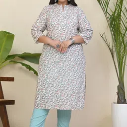 Aspriya Plus Size Floral Printed Mandarin Collar Pure Cotton Straight Kurta with Trousers-54