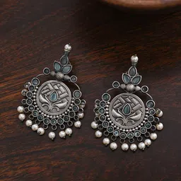 JAYPORE Silver-Plated Oxidised Contemporary Drop Earrings-16