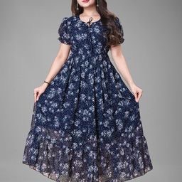 QENA Floral Print Tie-Up Neck Puff Sleeve Georgette Maxi Dress-picture-25
