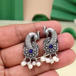PREYANS Women Blue Floral Silver-Plated Peacock Studs Earrings-image-98