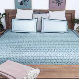 Baarno Blue & Navy Blue Floral 300 TC King Bedsheet with 2 Pillow Covers-image-51