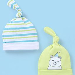 Babyhug 100% Cotton Cap Teddy & Stripes Print White & Green - Diameter 10.5 cm-picture-11