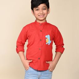 LIL PITAARA Pure Cotton Full Sleeves Dinosaur Patch Placement Embroidered Shirt - Red-image-55