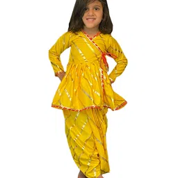 Aglare Girls Janmashtami Theme Third Fourth Sleeves Lace Embellished Angrakha Style Kurta And Dhoti With Mukut & Bansuri - Yellow-picture-5