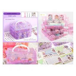 SKB 100 Pieces Cute Washi Tape Sticker Set with 3 Layer Box 20 Pieces Kawaii Stickers Tweezer Pen and Spatula - Purple-picture-19