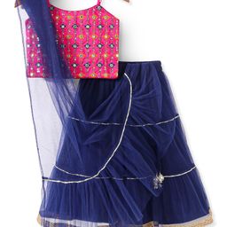Babyhug Singlet Sleeves Mirror Embroidered  Choli with Net Lehenga & Dupatta Set - Royal Blue-image-5