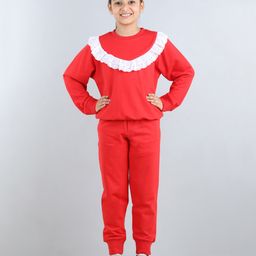Aww Hunnie Full Sleeves Frill Detailed & Lace Embellished Autumn Winter Wear Sweatshirt With Side Pockets Lower - Red-image-70