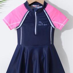 Kookie Kids Half Raglan Sleeves Text Printed Frock style Swimsuit - Navy Blue-20
