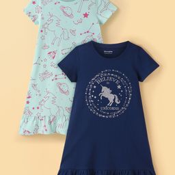 Honeyhap Premium 100% Cotton Single Jersey Half Sleeves Nighty With Bio Finish Unicorn Print Pack Of 2 - Limpet Shell Blue & Navy Peony-image-41