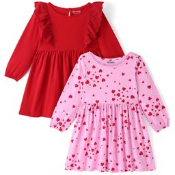 Honeyhap Premium 100% Cotton Knit Full Sleeves Frocks with Heart Print & Frills Detailing  Pack of 2 - Red & Pink-image-15