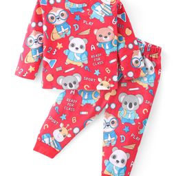 Babyhug Cotton Knit Full Sleeves Night Suit with Bear Print - Red-image-78