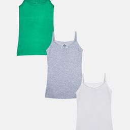 Kiddopanti Pack Of 3 Sleeveless Solid Camisoles  - Green Grey Melange & White-image-12