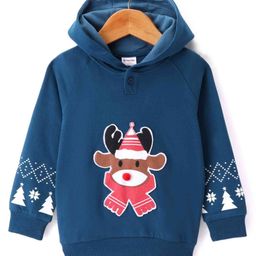 Kookie Kids Terry Knit Full Sleeves Hooded Sweatshirt with Reindeer Embroidery Detailing - Royal Blue-image-62