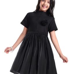 Pine Kids Cotton Half Sleeves Rib and Organza Frock with Zipper Opening and Rose Corsage - Black-image-10