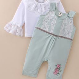 ToffyHouse 100% Cotton Knitted Full Sleeves Frill Detailed Top with Floral Print & Lace Detailing Dungaree - Green & White-image-17