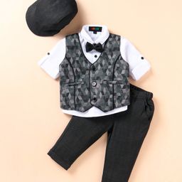 Robo Fry Lycra Knit Full Sleeves Geometric Printed 3 Piece Party Suit with Hat & Bow - Black-image-34