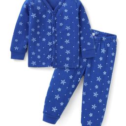 Babyhug Full Sleeves Front Open Thermal Wear Vest & Pant with Star Print - Blue-image-79