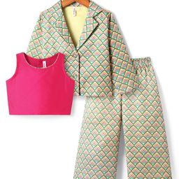Babyhug Woven Top with Three Fourth Sleeves Printed Jacket & Palazzo - Light Green & Dark Pink-image-82