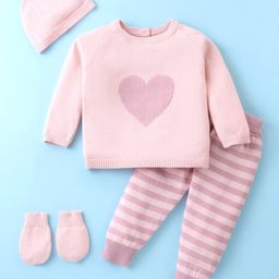 ToffyHouse Cotton Knit Full Sleeves Winter Wear Heart & Striped Designed Sweatshirt & Lounge Pant Set with Pair of Booties & Cap - Pink-image-8