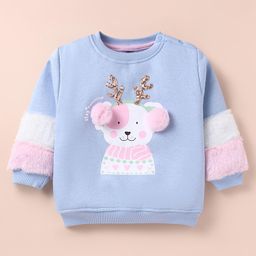 Little Kangaroos Cotton Knit Full Sleeves Sweatshirt with Reindeer Print & Pom Pom Applique - Light Blue-image-0