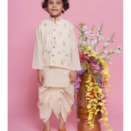 Little Bansi Full Sleeves Solid Kurta & Dhoti With Deer Foil Printed Nehru Jacket Set - Cream-image-46