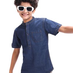 Pine Kids Denim Woven Half Sleeves Mandarin Collar Washed Shirt - Navy Blue-picture-12