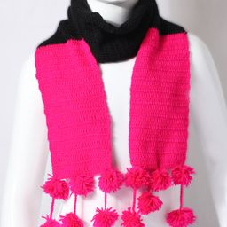 Funkrafts Handmade Woollen Muffler With Pom Pom - Pink & Black-19
