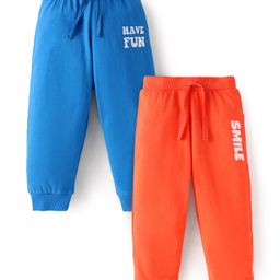Babyhug Single Jersey Knit Full Length Lounge Pants with Text Print Pack of 2 - Orange & Blue-image-82